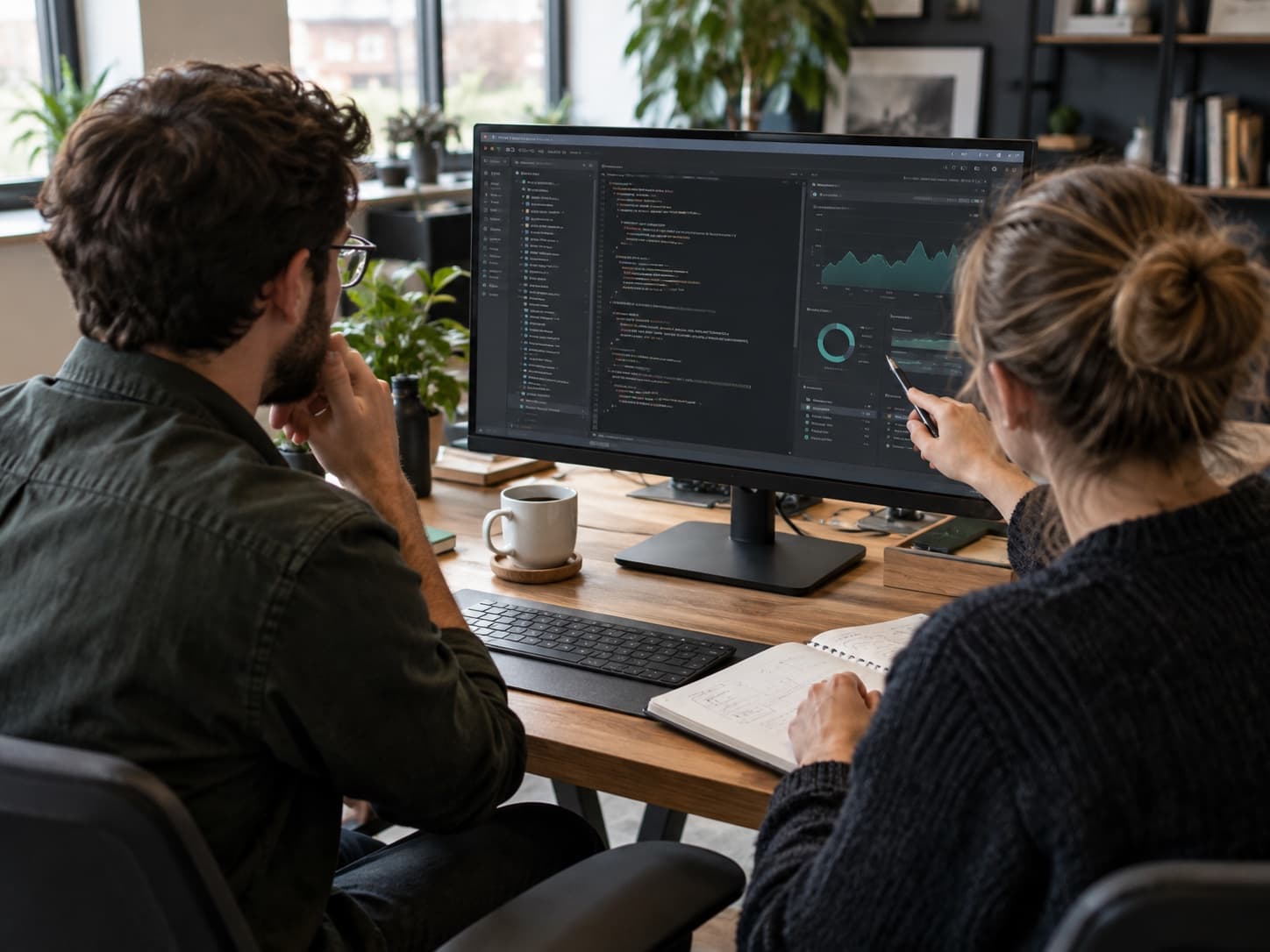 Developers pair programming a custom software platform